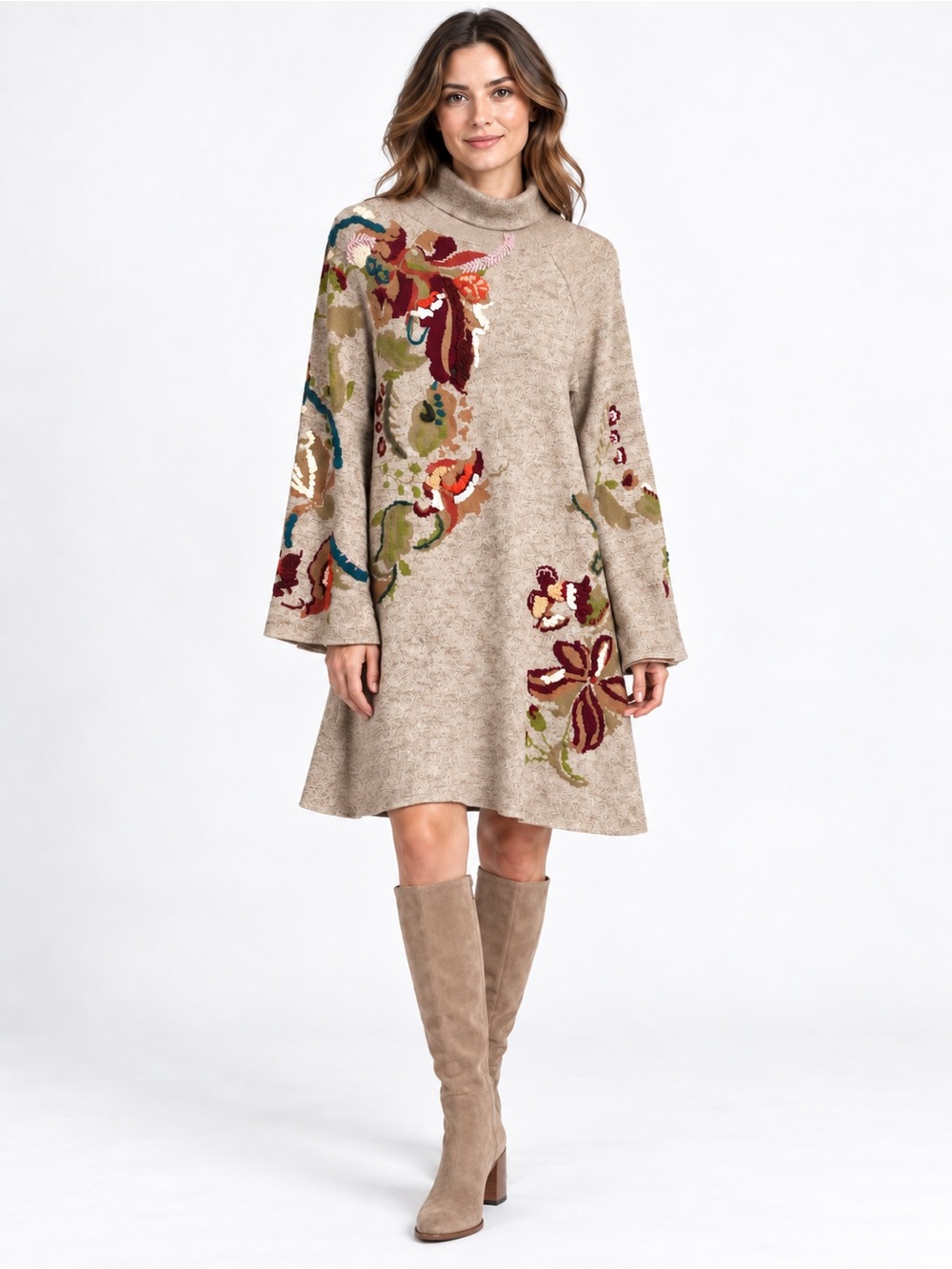 Anthropologie Brand with a Turtleneck Floral Embroidered Swing Dress in Beige